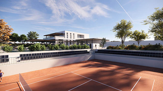 View of the sunken clay courts next to the Club House